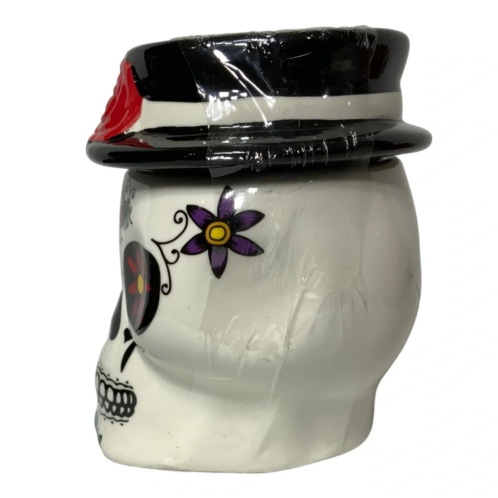 Canister Jar Sugar Skull Ceramic Hand Painted With Lid Colorful Multicolor White